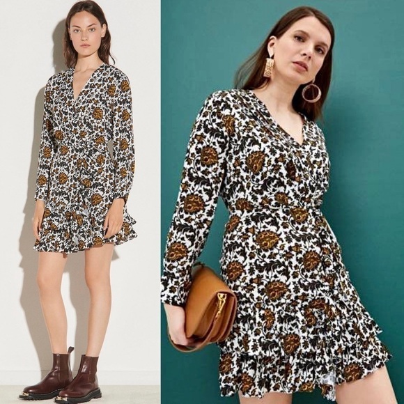 SANDRO Floral Print Long Sleeve V-Neck Faux Wrap Tiered Ruffle Mini Dress 6 - Picture 1 of 16